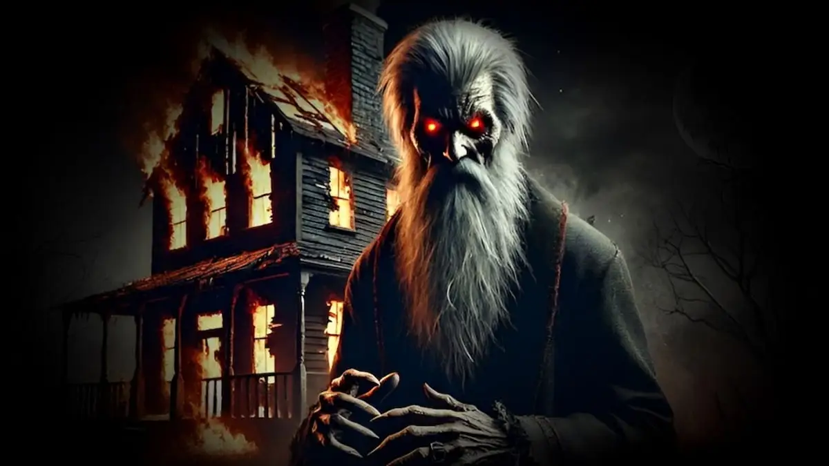 Picture showing the Oogity Boogity Boo Challenge's scary old man with a burning houe in the background in Bitlife.