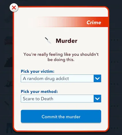 Picture showing the murder box showing the Scare to Death option in Oogity Boogity Boo Challenge in Bitlife.