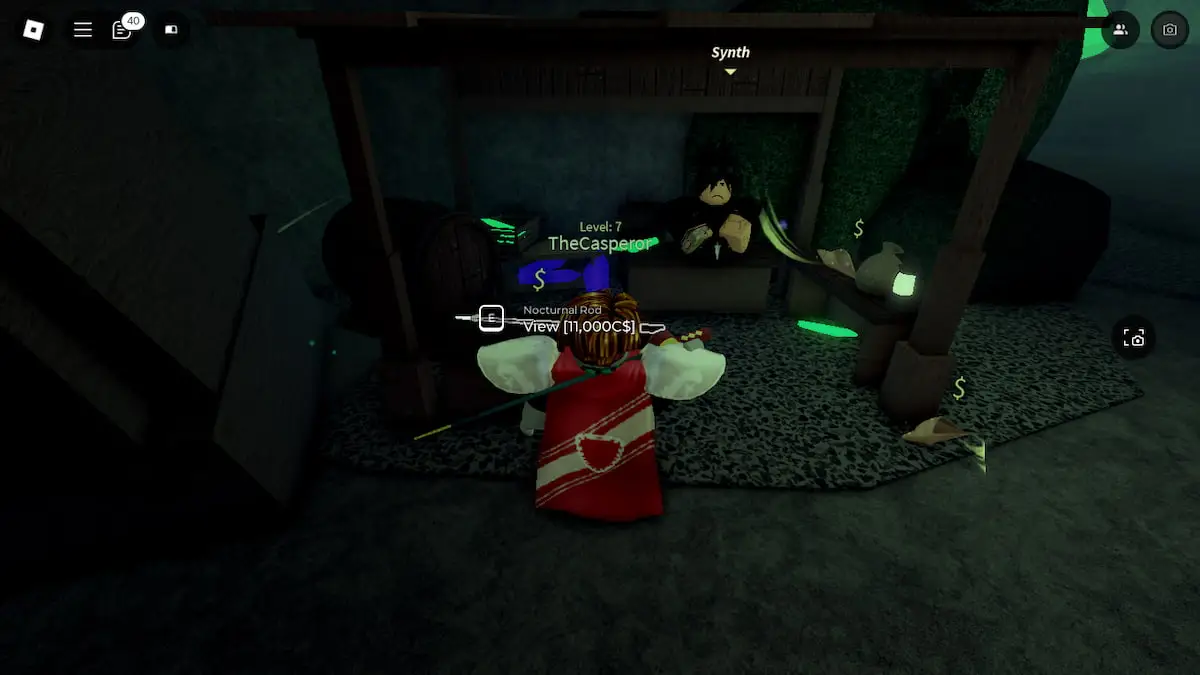 Picture showing the Synth's shop in Vertigo selling the Noctural Rod in Roblox Fisch.