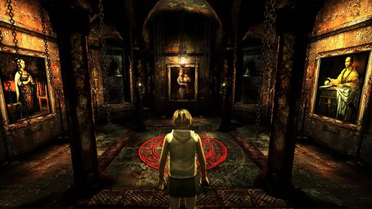 Heather standing in a cult room with a red pentagram symbol on the ground