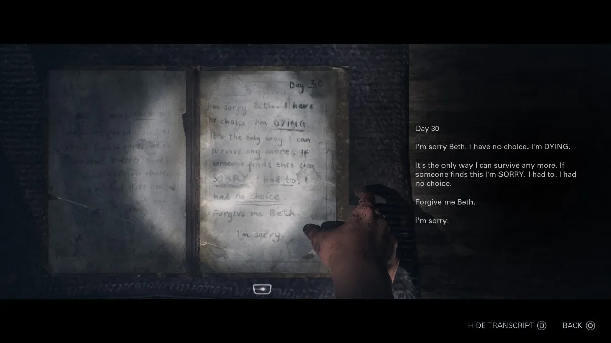 Reading day 30 of Hannah's journal in Until Dawn