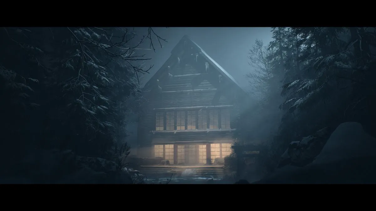 The quiet cabin at the start of Until Dawn with the ground floor lit by interior lights, glowing in the middle of the night