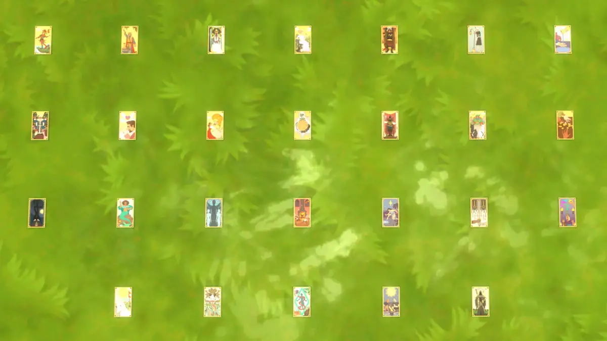 All 26 Tarot Cards in The Sims 4  Life & Death lying on some grass.