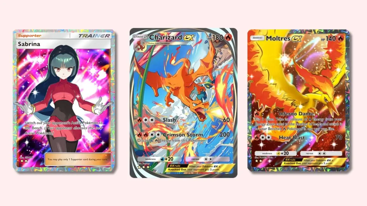 Sabrina, Charizard ex, and Moltres ex Pokémon TCG cards.