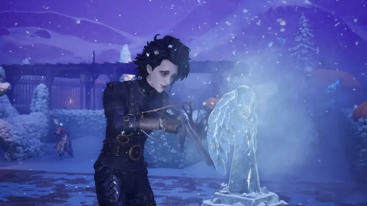 Edward Scissorhands making an ice statue in Fortnite.