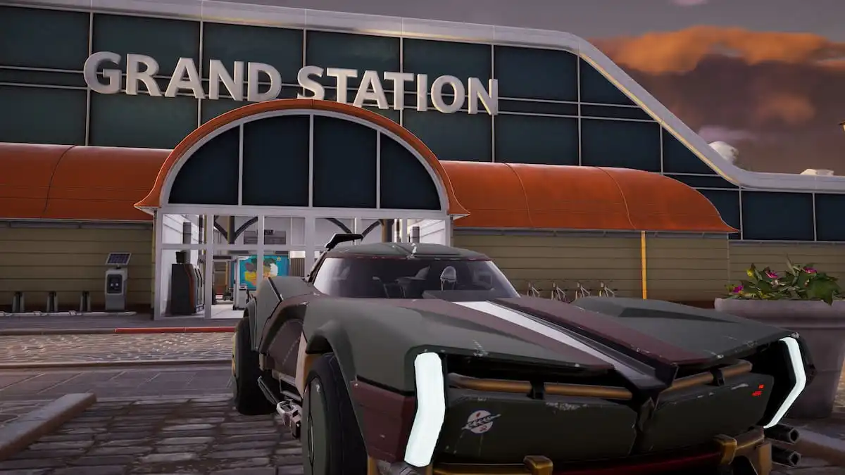 Frozone driving a car at Reckless Railways in Fortnite.