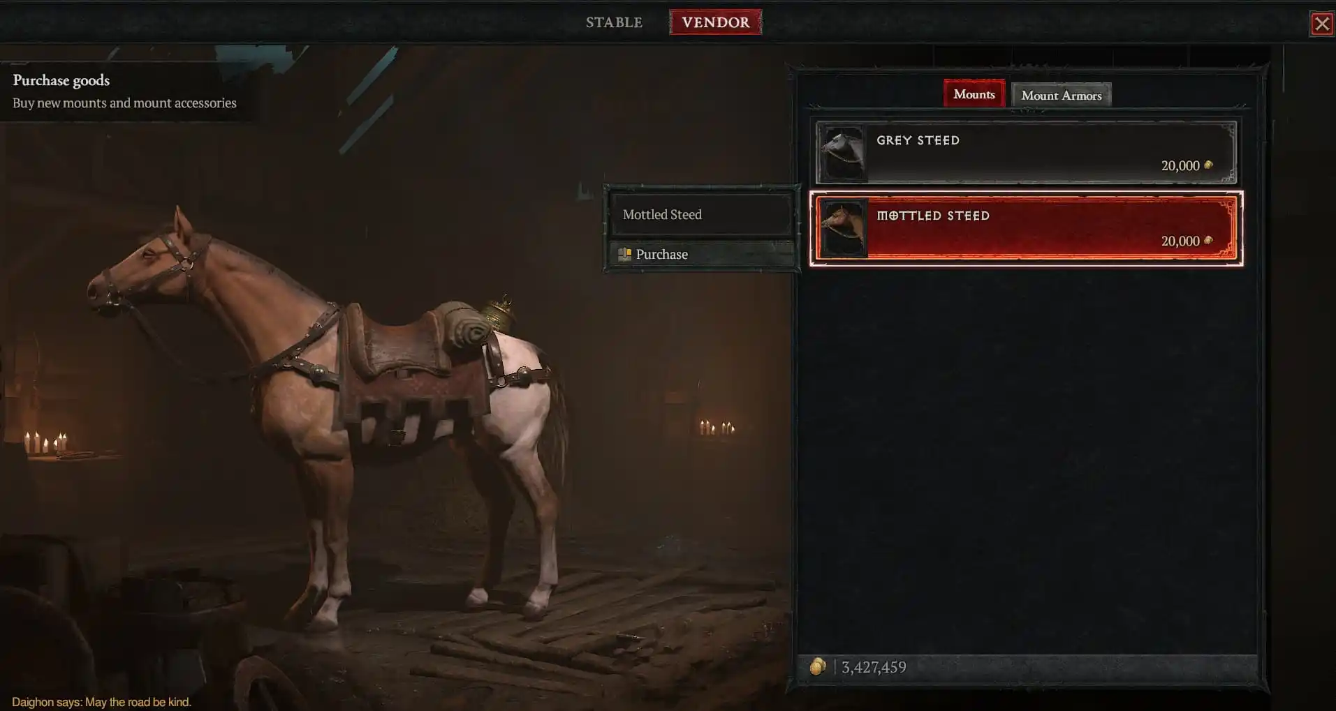 The Diablo 4 Stablemaster interface showing the Mottled Steed for sale.