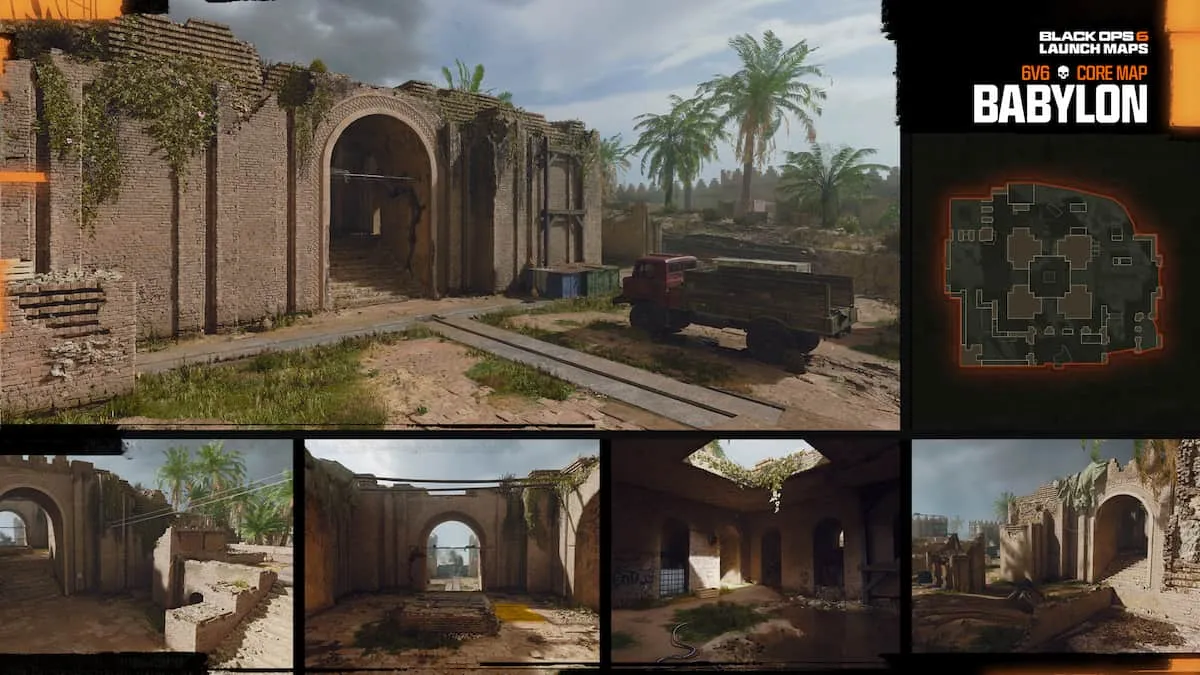 Babylon map overview in Black Ops 6. Palm trees stand behind an overgrown, dilapidated temple.