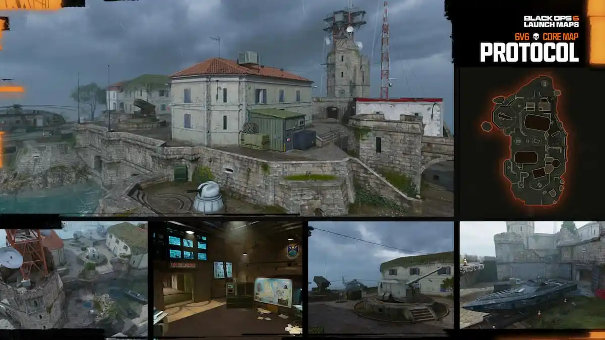 Protocol map overview in Black Ops 6. A small cluster of buildings is set on a rock with ocean all around.