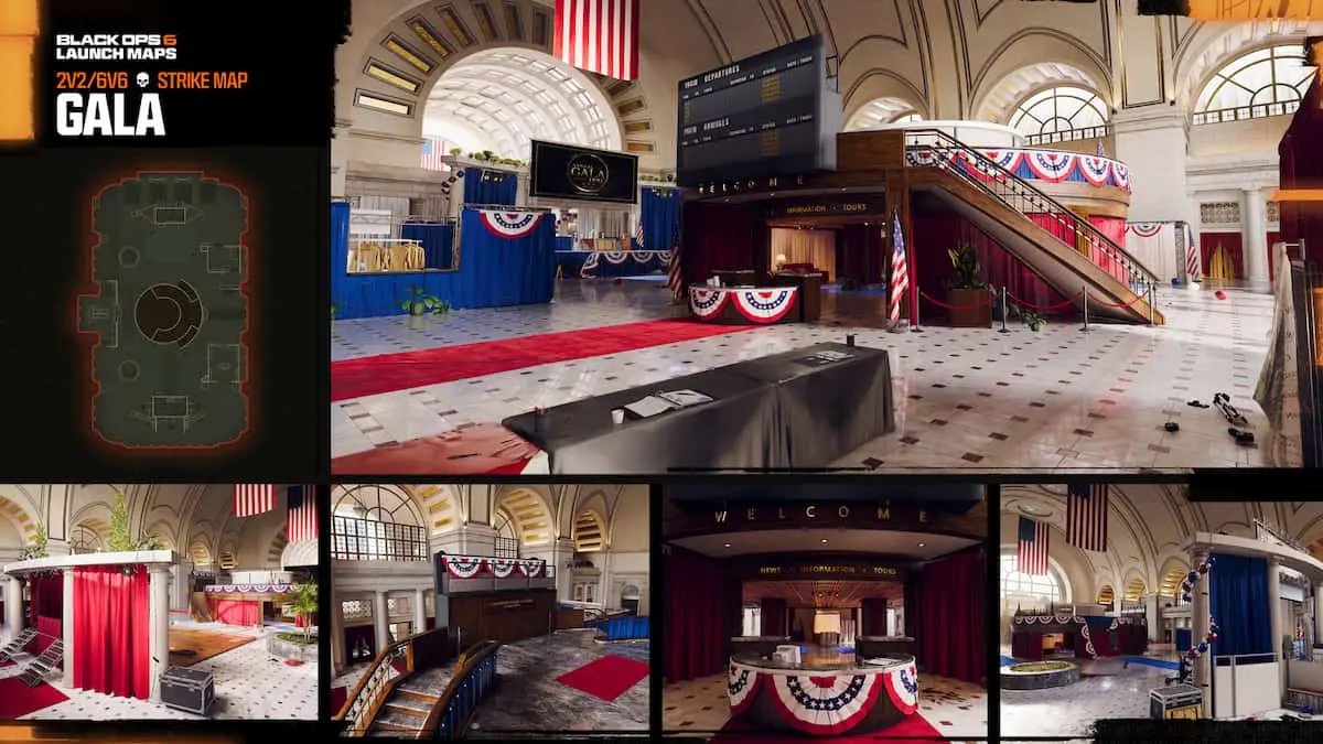 Gala map overview in Black Ops 6. A government building is decked out in American flags.