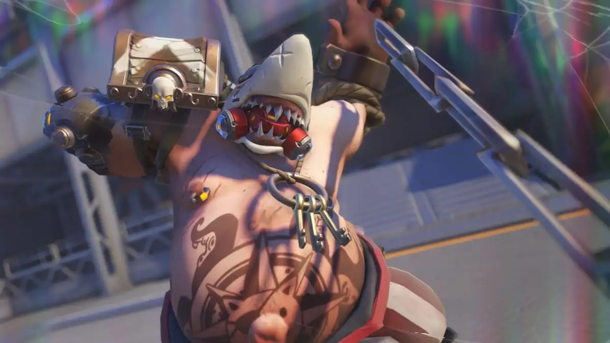 Roadhog wearing a shark head with a giant tattoo on his belly