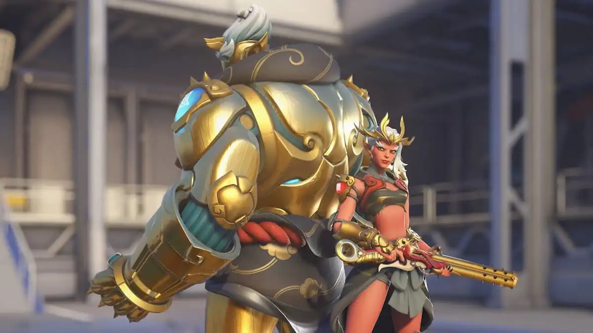 Ashe, wearing an outfit that makes her skin red, stands in front of a golden version of BoB