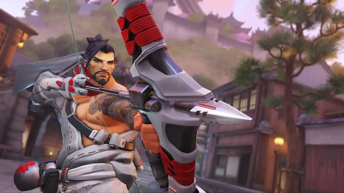 Hanzo pulls back a bow as he gears up to shoot in OW