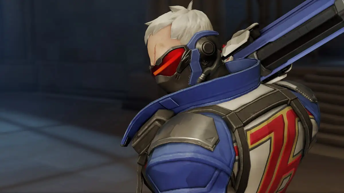 Soldier: 76  wearing blue clothing with a red visor, holds a rifle on his shoulder.