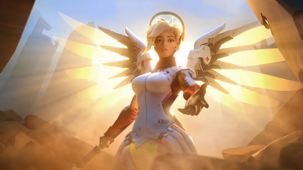 Mercy, an angelic woman from Overwatch, reaches her hand out to the camera.