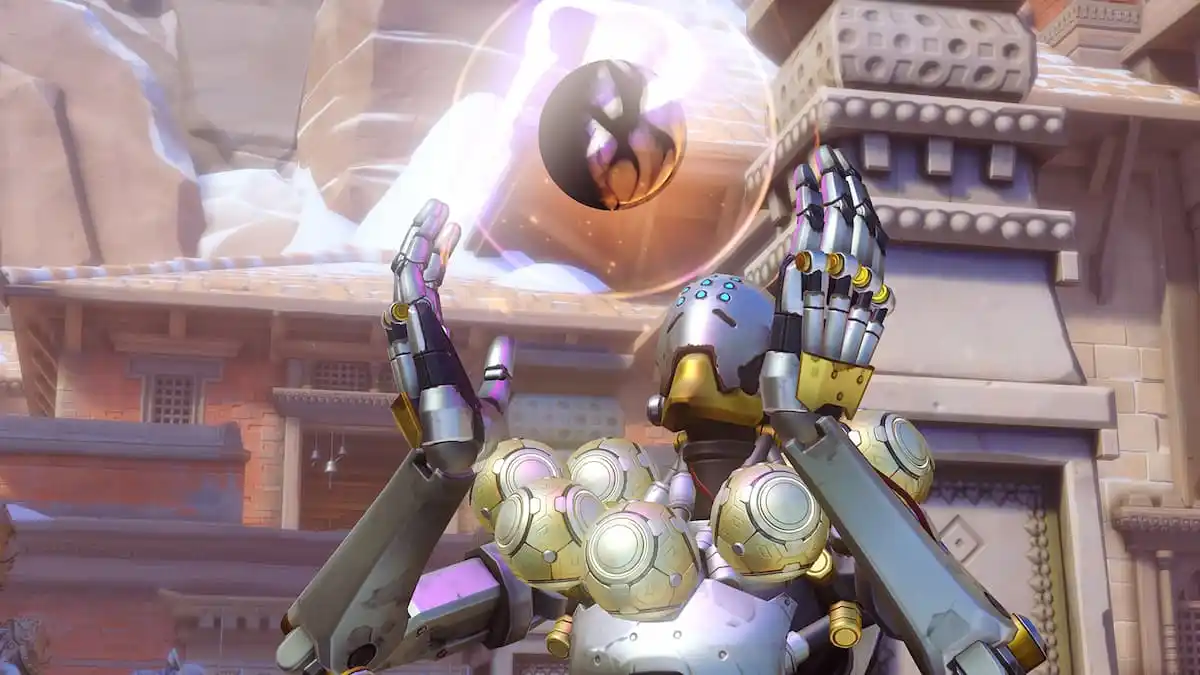 Zenyatta, a silver omnic hero from Overwatch, holds up a glowing orb. Several glowing golden orbs circle his neck.