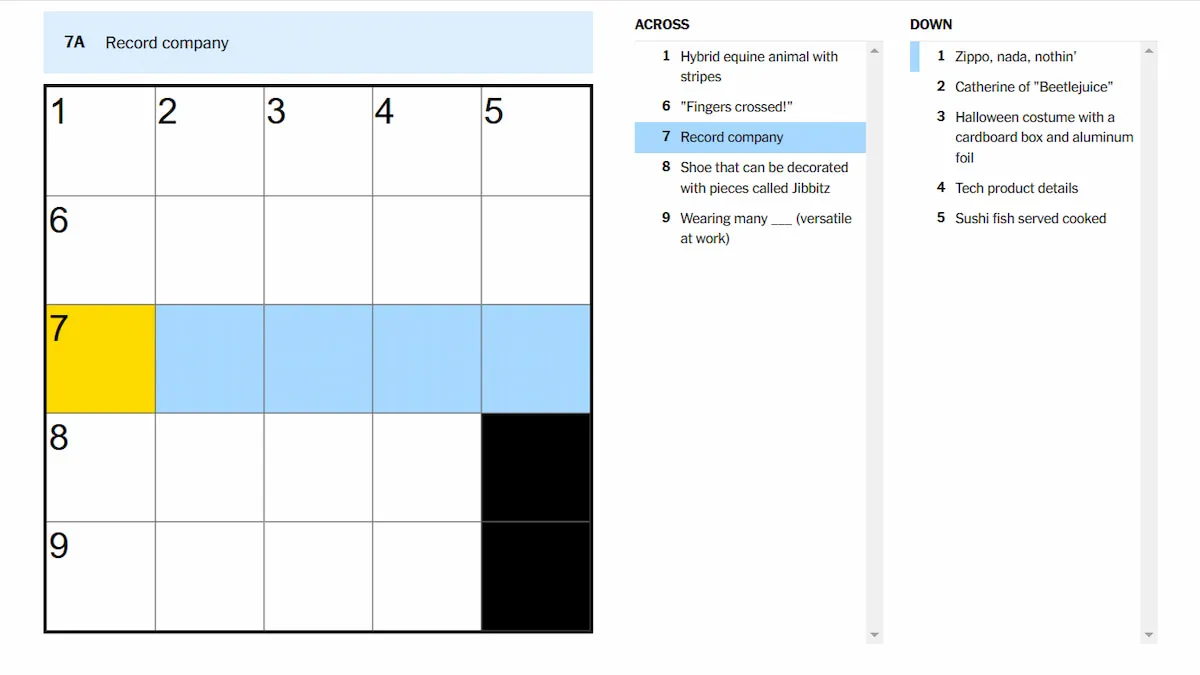 The Record company clue highlighted on the NYT Mini Crossword.