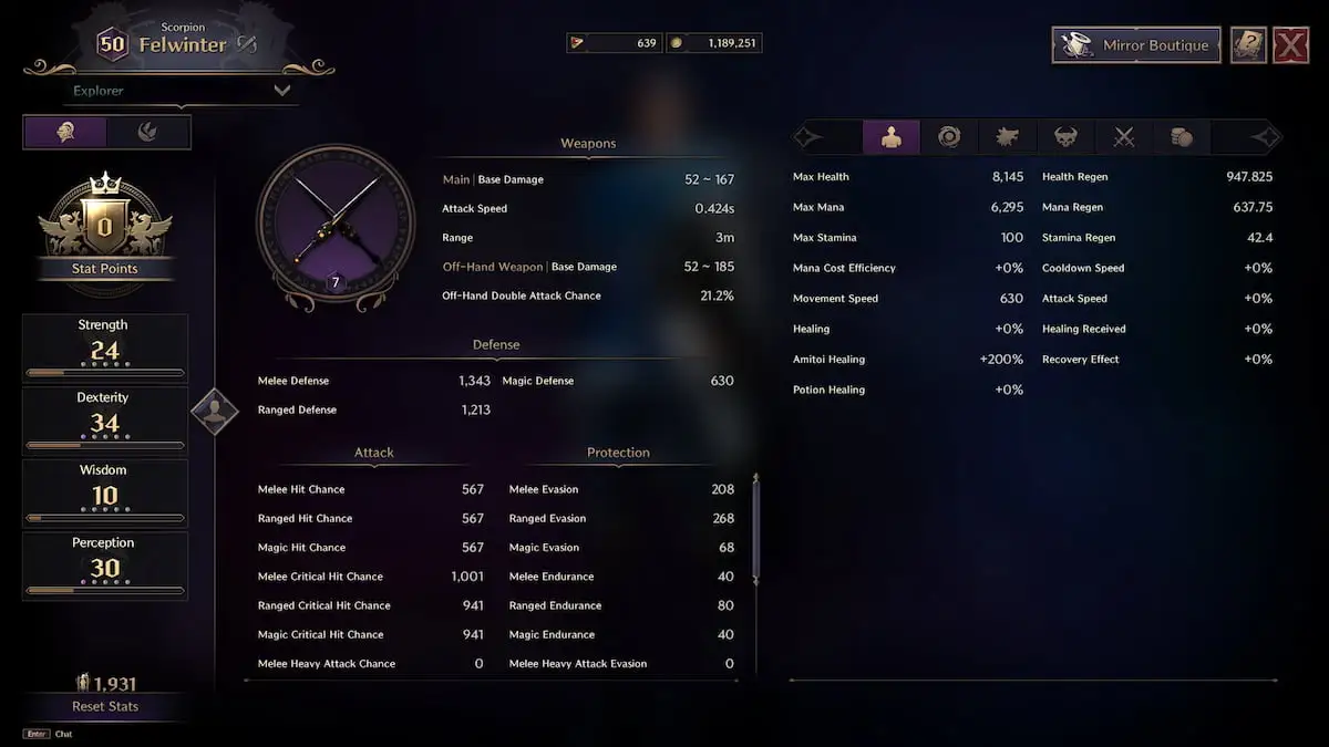 Crossbow Dagger character stats in Throne and Liberty