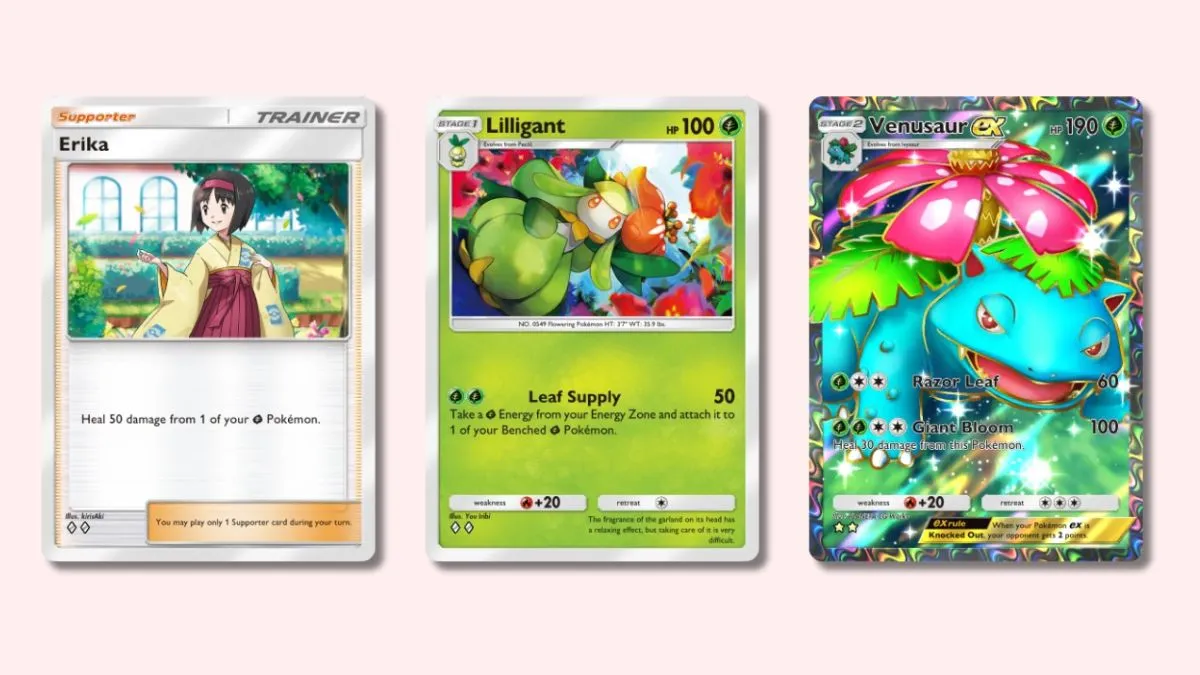 Erica, Lilligant, and Venusaur ex Pokémon TCG Pocket cards.