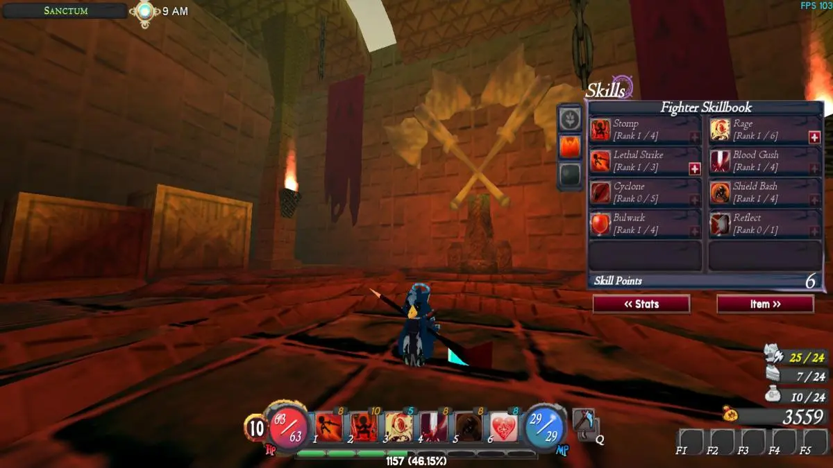 Byrdle sitting in the center of Enok's chamber with Fighter Skillbook open on right side of screen