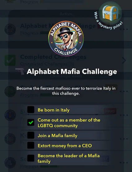 Picture showing the requirements of Alphabet Mafia challenge in Bitlife.