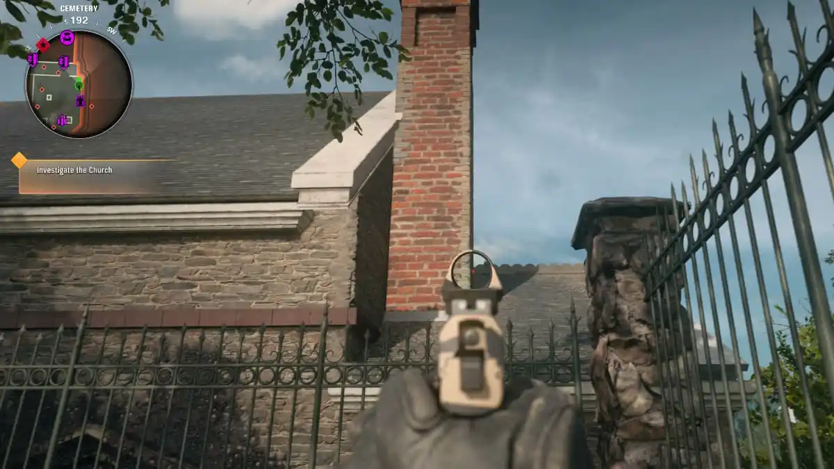 A player aiming a pistol at a church rooftop in Black Ops 6 Zombies.