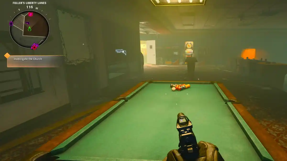 A player holding a pistol looking at a pool table in Black Ops 6 Zombies.