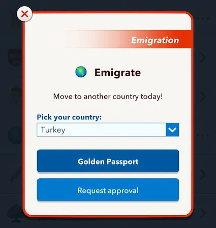 Picture showing the Emigrate to Turkey option in Thanksgiving Scavenger Hunt in Bitlife.