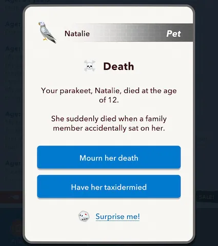 Picture showing the Taxidermy pet bird in Thanksgiving Scavenger Hunt in Bitlife.