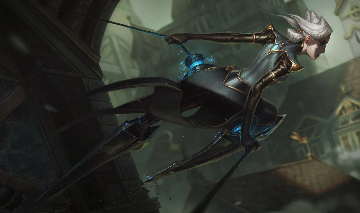 camille in league of legends, a woman with sleek clothing and short white hair.