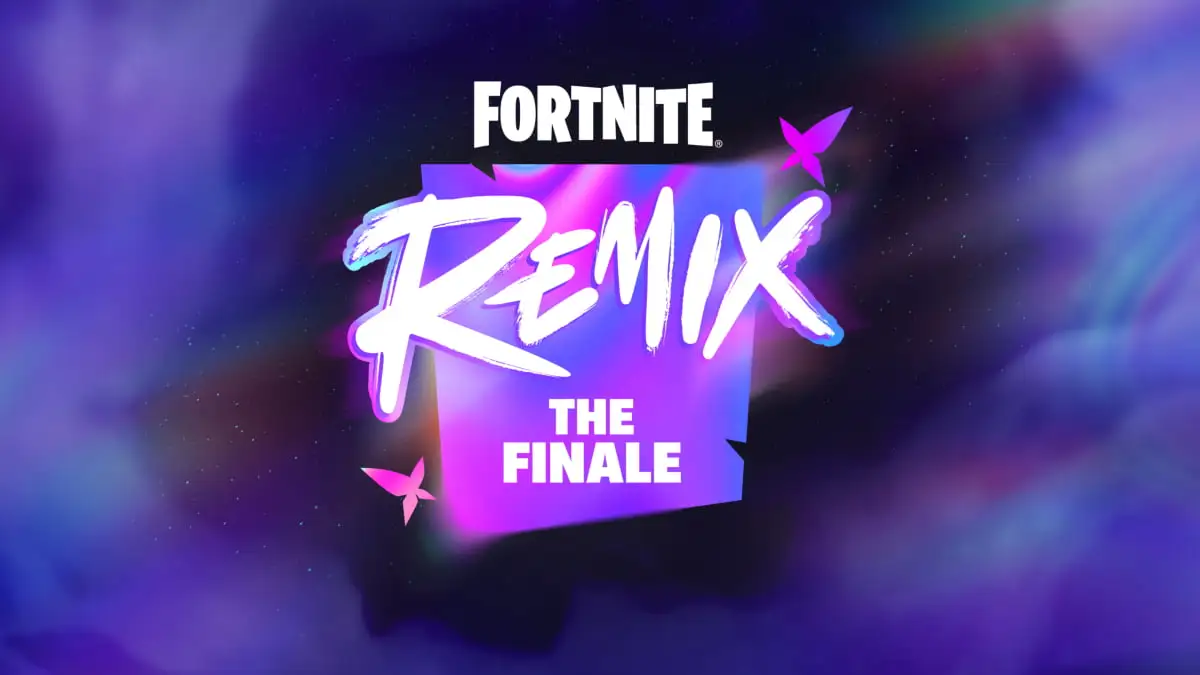 Artwork for the Fortnite Remix live event, Remix: The Finale, over a purple background.