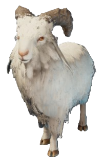 A white goat with brown hors and red eyes in Enshrouded.