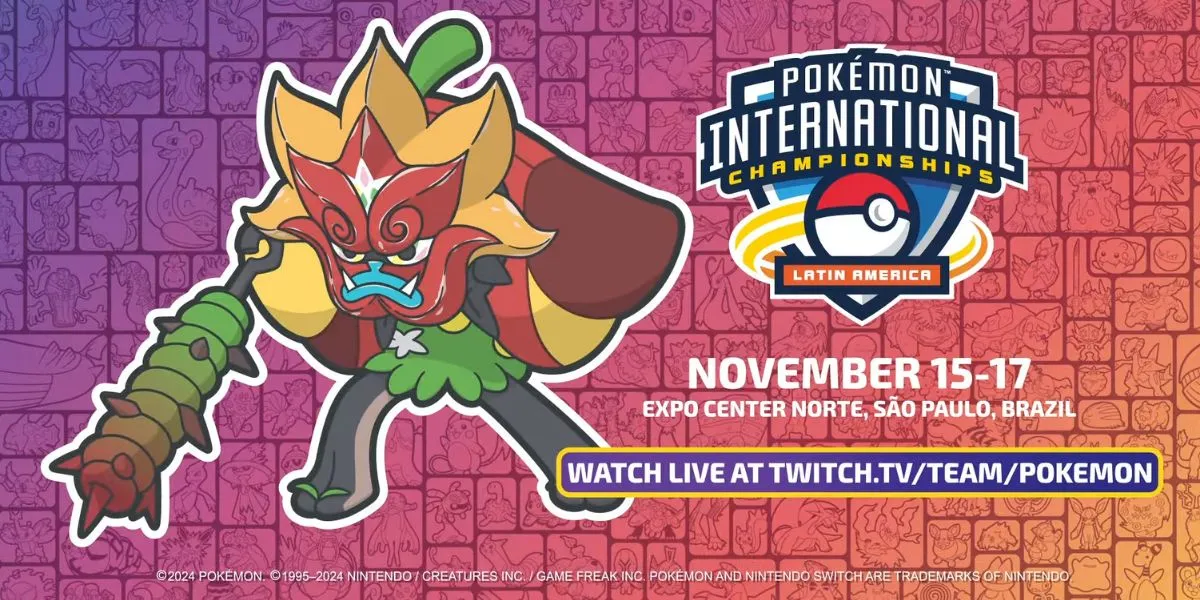 Pokémon LAIC logo, dates, and Twitch stream information with Hearthflame Ogerpon Pokémon next to it.