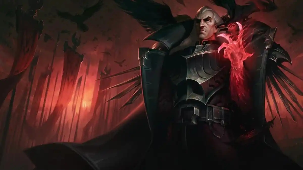 An image of Swain's splash art from League of Legends, which features the general with a red demon hand and several crows.