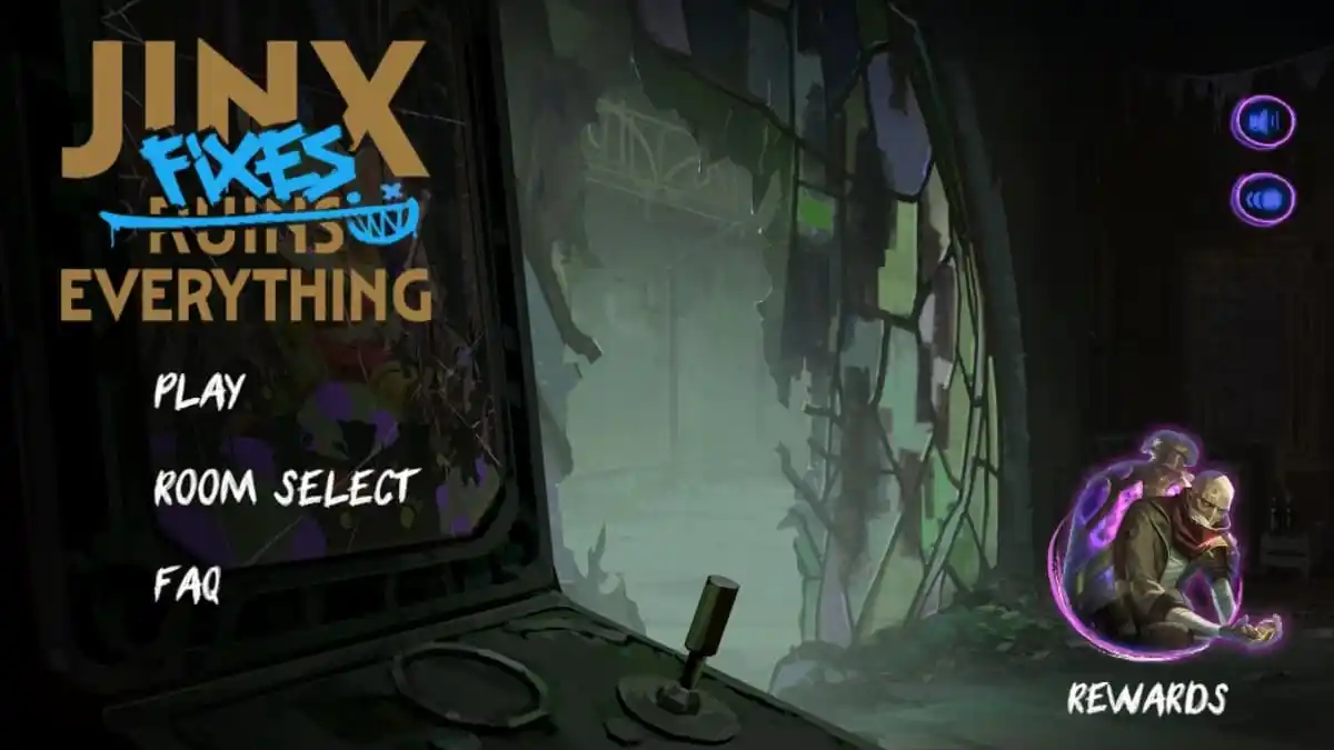 An image of the Jinx Fixes Everything title screen, which features a play option and a chapter selection.