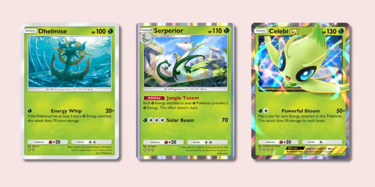 Dhelmise, Serperior, and Celebi ex Pokémon TCG Pocket cards.