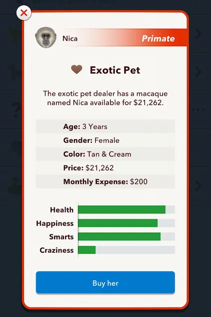 Picture showing the primate listing as an exotic animal in Professor of Cityburg challenge of Bitlife.