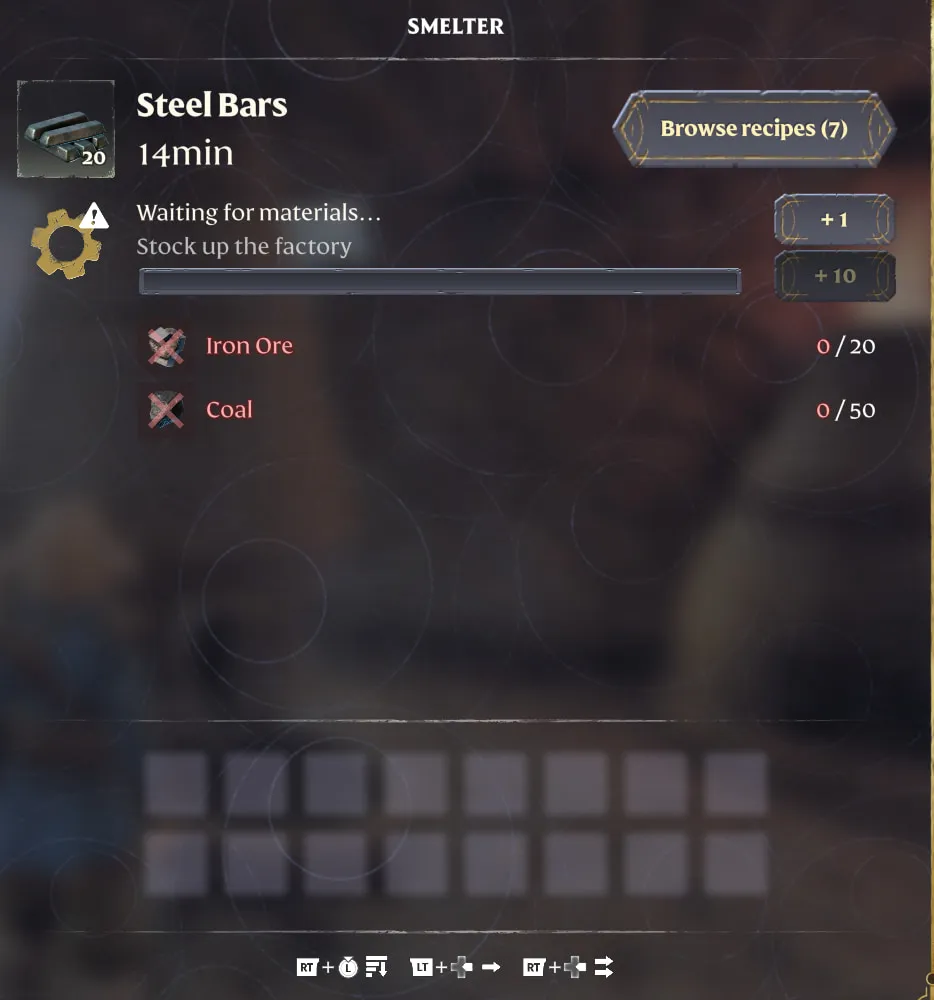 A screenshot from Enshrouded showing readers the necessary ingredients to craft Steel Bars at the Blast Furnace