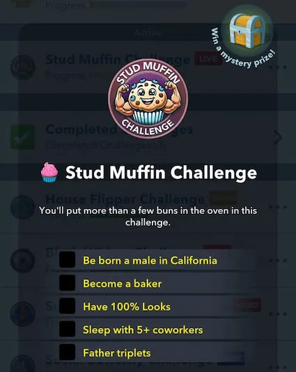 Picture showing the objectives to complete in Stud Muffin Challenge in BitLife.