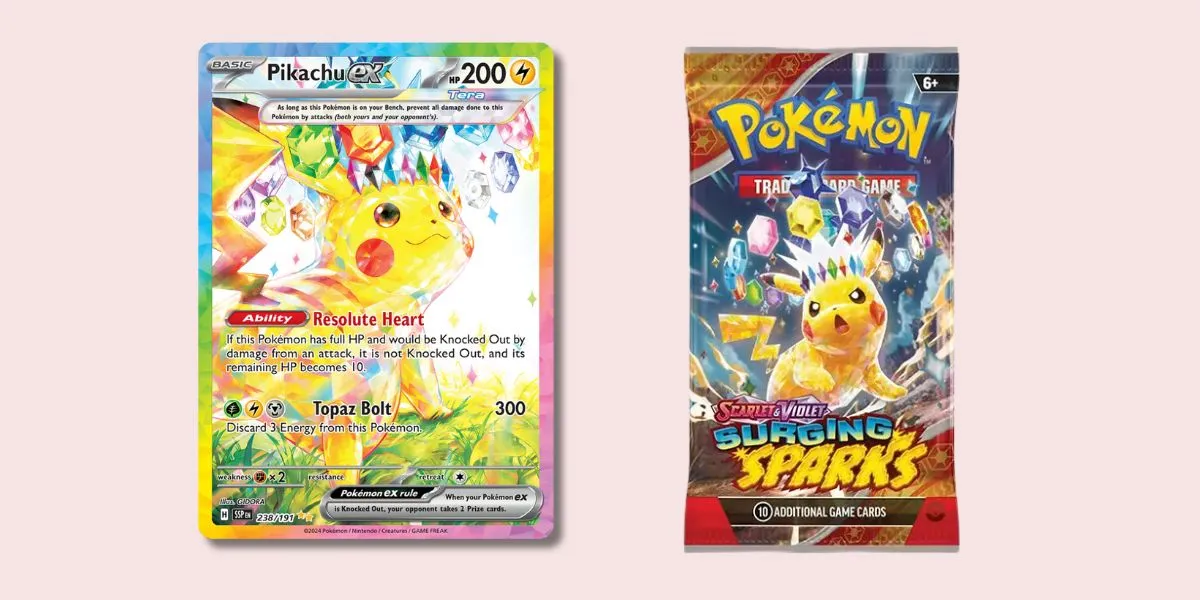 Surging Sparks booster pack and Stellar Tera-type Pikachu ex card.