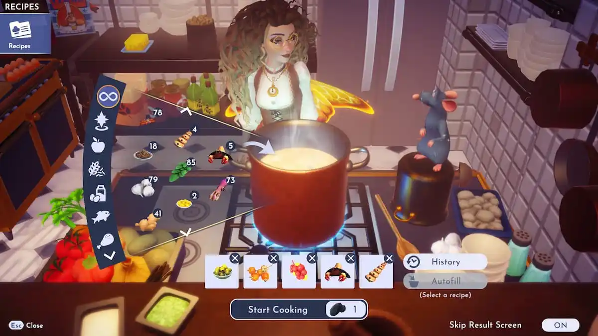 The player cooking with Remy using Olives, Sour Berries, Cape Gooseberry, Sorcerer Hermit Crab, and Trumpet Snail in Disney Dreamlight Valley.