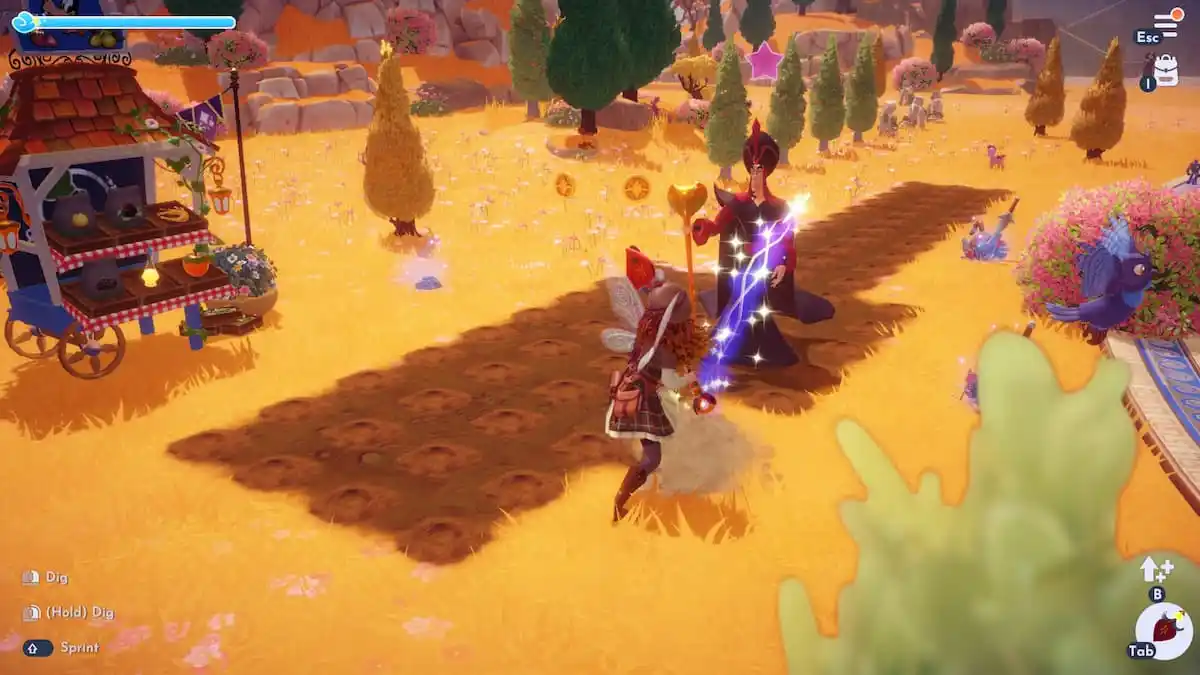 The player digging in the golden flower fields of Mythopia next to Jafar in Disney Dreamlight Valley.