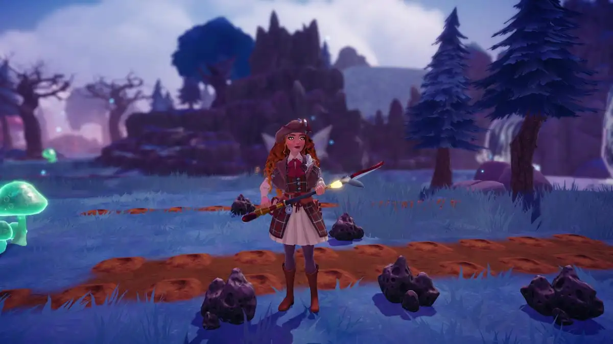 A player holding a shovel and standing by lots of brown mounds of dirt with dark grey Volcanic Rock on the ground around them in a blue and purple forest in Disney Dreamlight Valley.