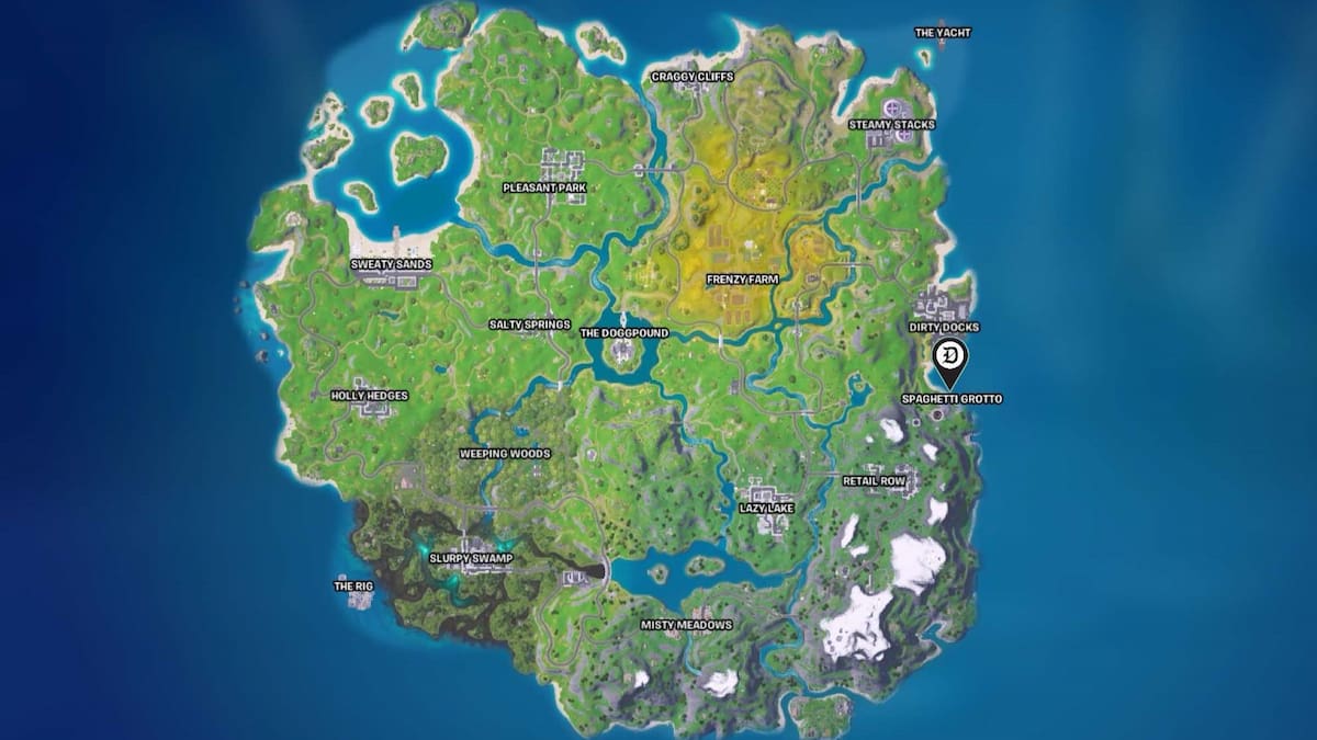 Spaghetti Grotto marked on the Fortnite Remix map.