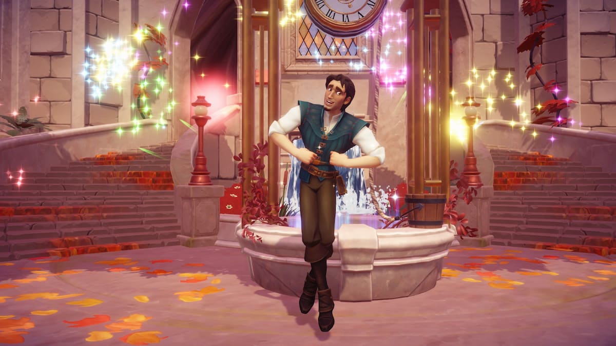 Flynn Rider dancing in front of a well in Disney Dreamlight Valley.