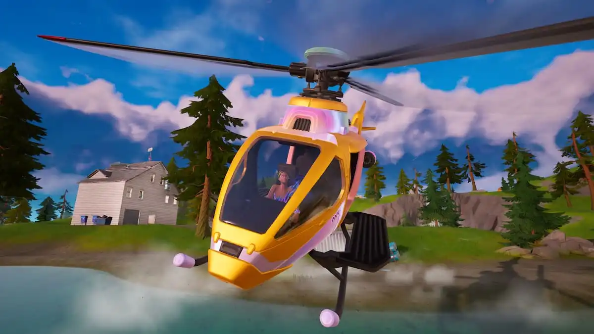 Ariana Grande flying a yellow and pink helicopter over a lake in Fortnite Remix.