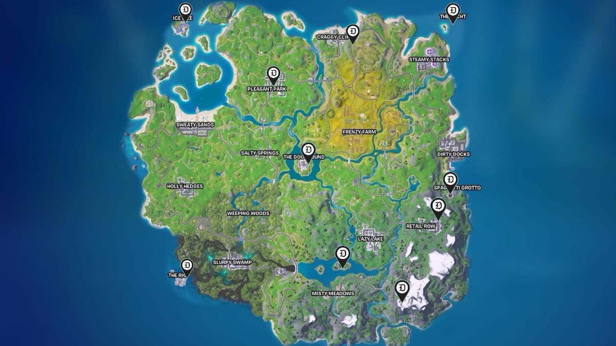 All 10 helicopter spots marked on a map in Fortnite Remix.