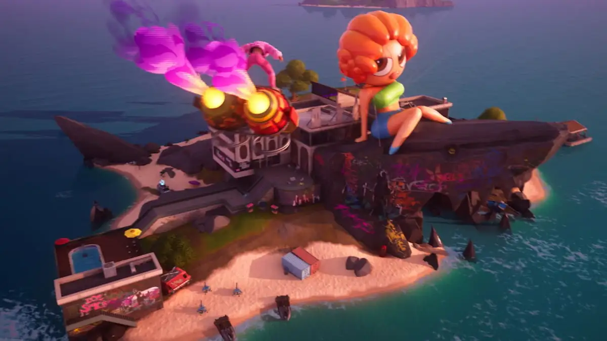 Ice Spice's Ice Island featuring a massive shark combined with an abandoned shopping mall and a big blow up Ice Spice balloon in Fortnite Remix.