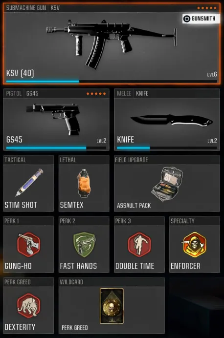 Black Ops 6 KSV class setup, with panes featuring the SMG, a pistol, a knife, and several other icons.