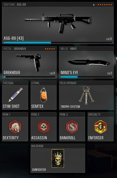 Best ASG-89 class in BO6, featuring automatic pistol, knife, and other icons.